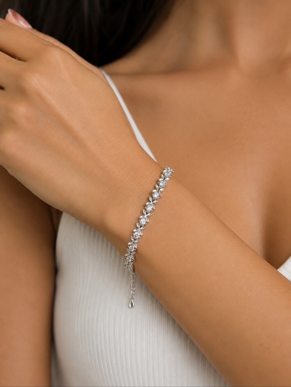 Avon Silver-Tone Floral Crystal Bracelet With Extender